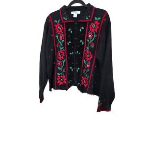 VTG Arriviste Black Holiday Ugly Sweater Cardigan Floral Embroidery & Beaded XL